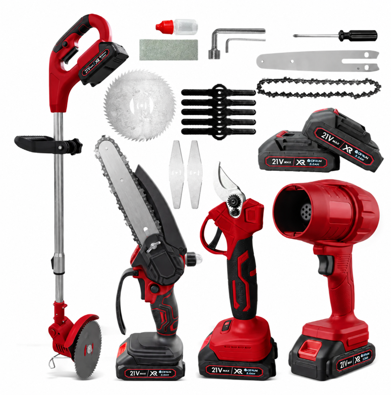 Red 21V 5-in-1 cordless garden tool kit