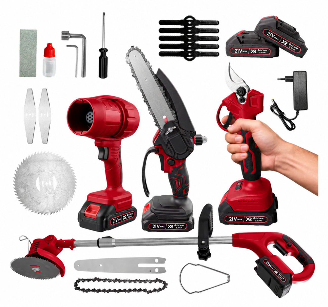 Complete red five-in-one cordless garden tool system