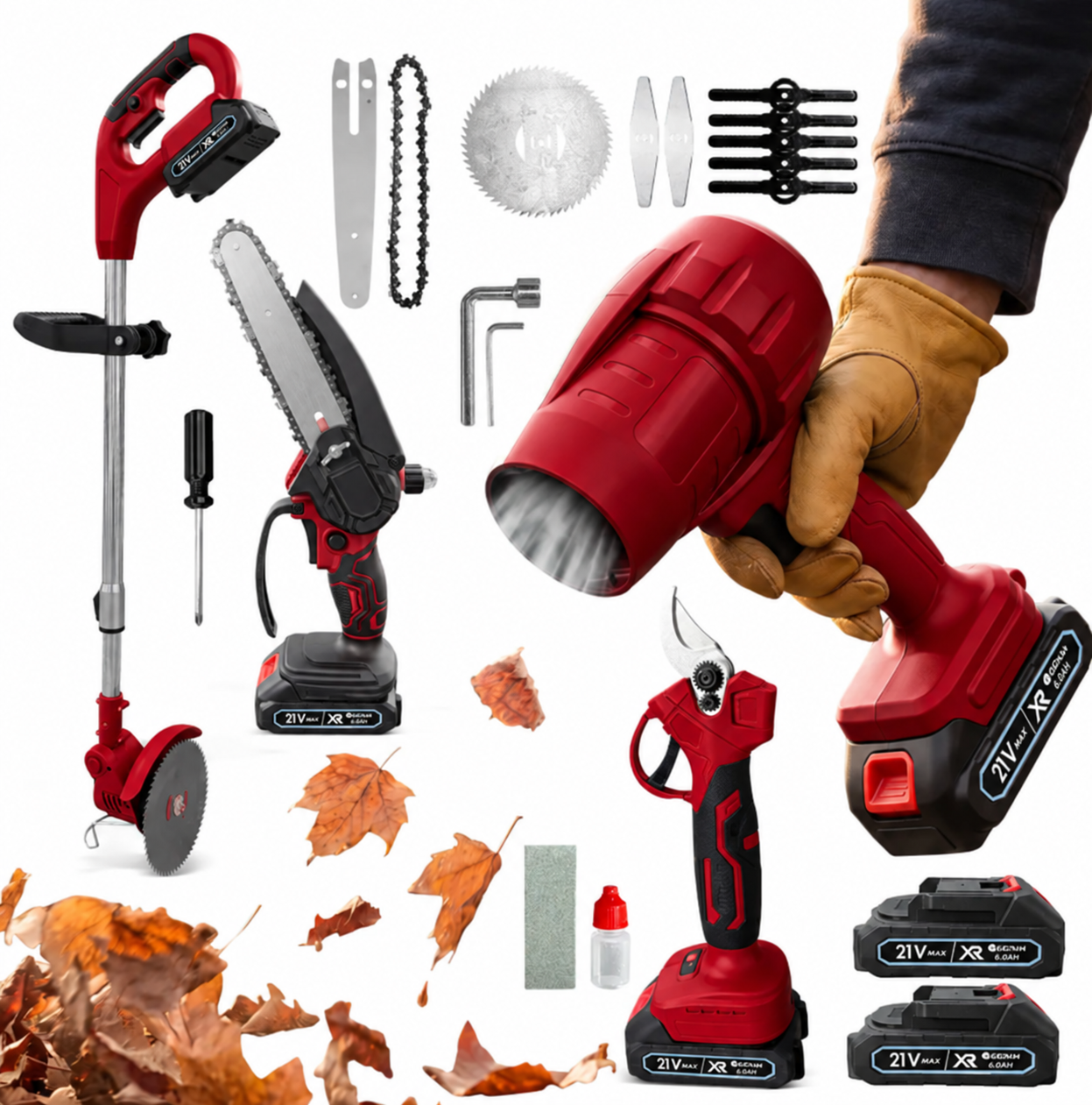Red cordless garden tools in use
