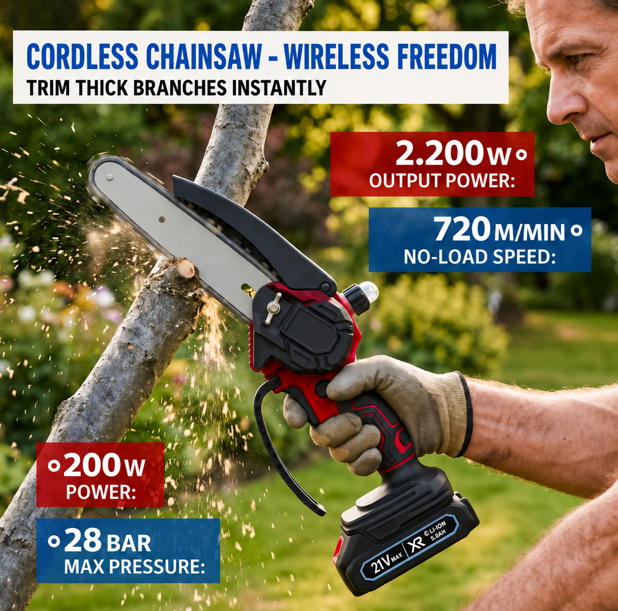 Red electric pruning shear detail